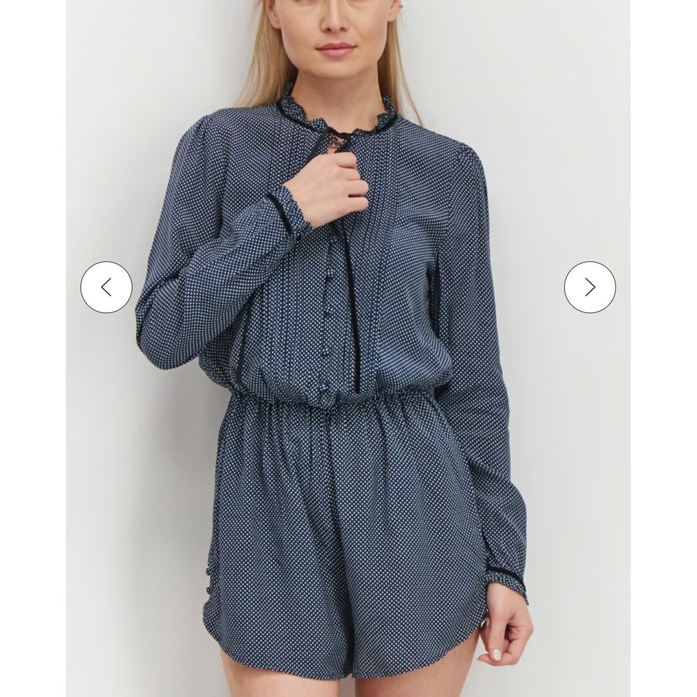 New Avec Les Filles Womens Romper S Blue Polka Dot 3" Shorts Long Sleeve NWT